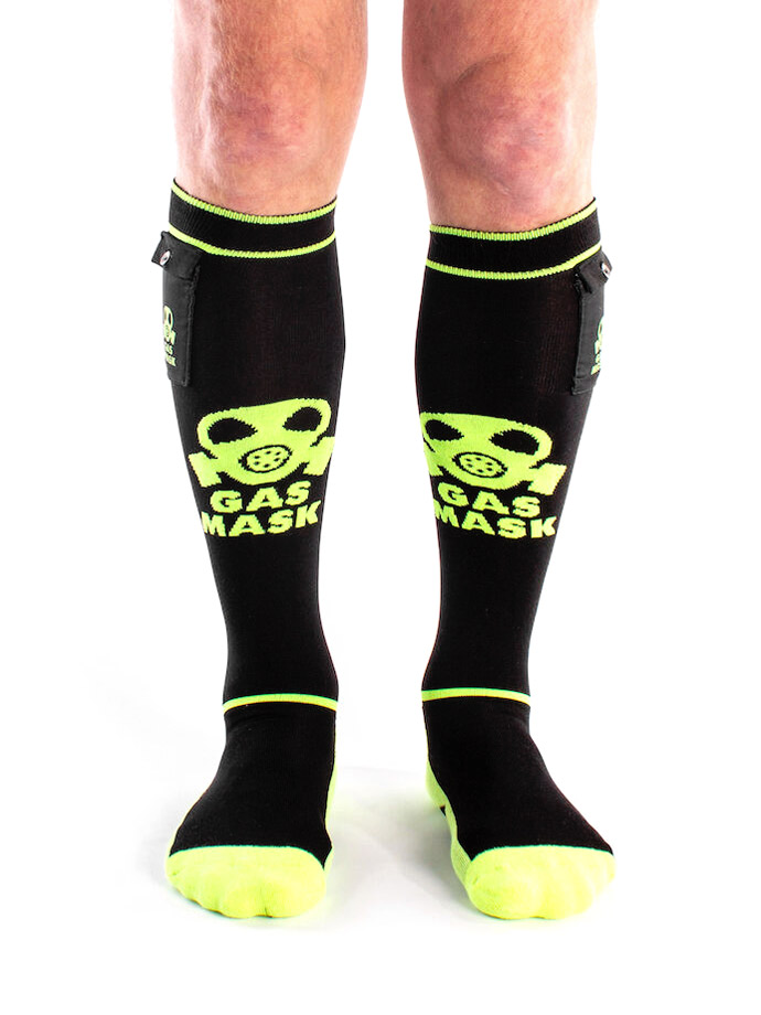 Gas Mask Party Socks with Pockets - Black/Neon yellow