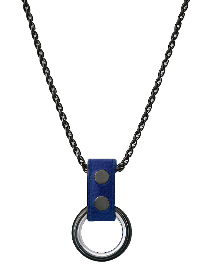 Black Metal Necklace with Cockrings - Blue Leather